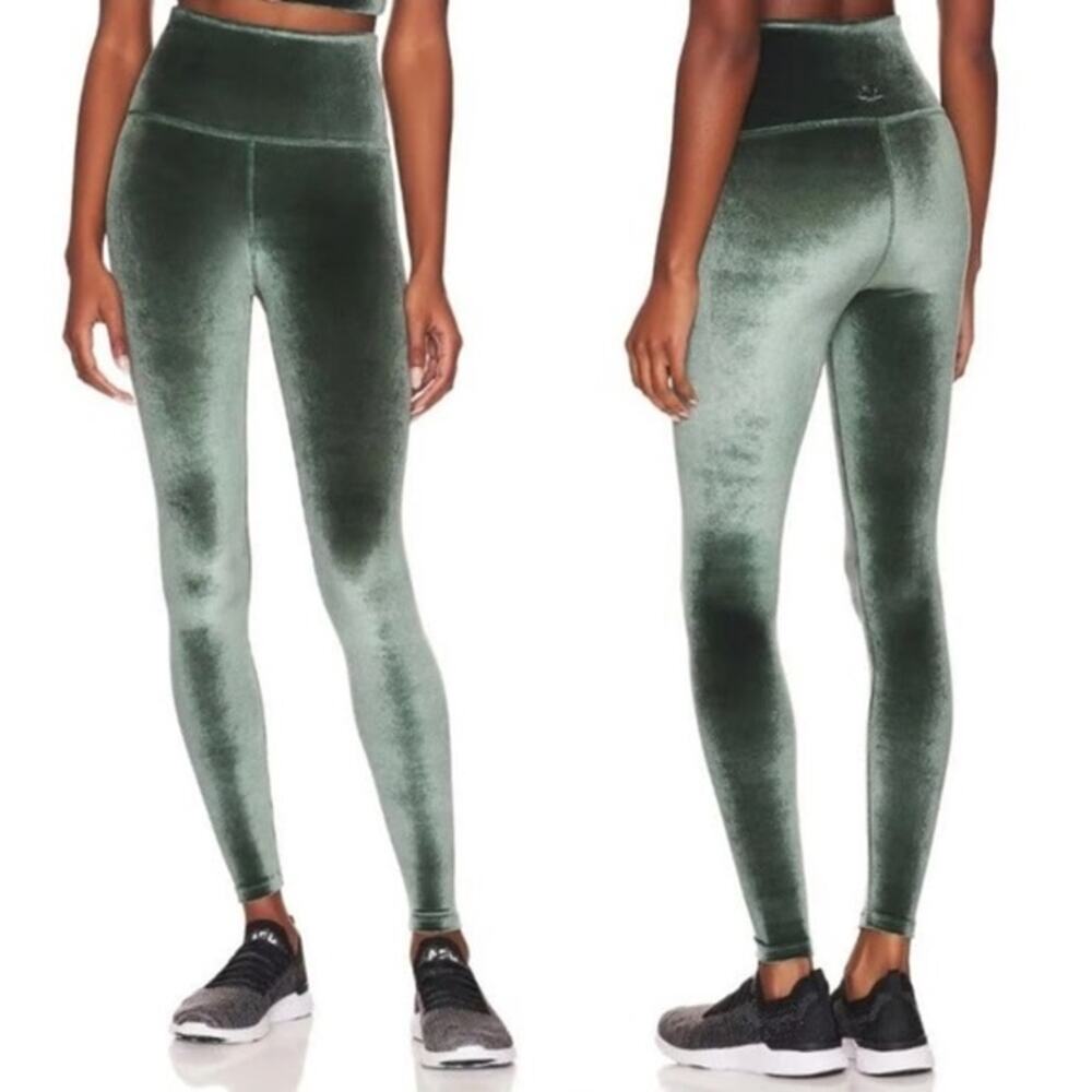 Beyond Yoga High Waisted Velvet Motion Midi Legging in Forest Green Velour Pant